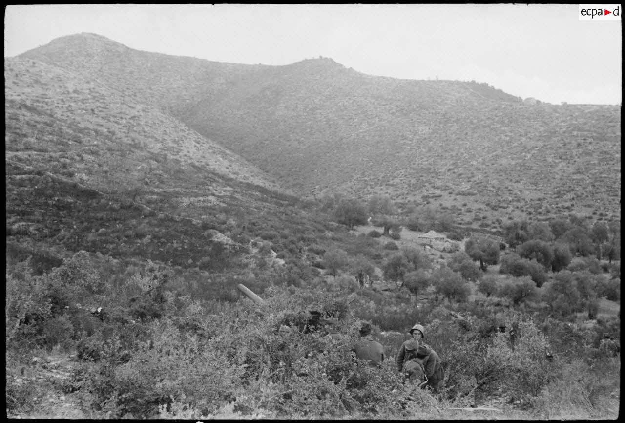 Pièce d'artillerie italienne et ses servants camouflés dans les environs de Saint-Florent.