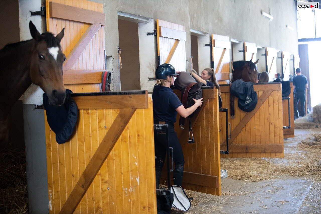Des élèves s'occupent de leur cheval dans leur box de la section équestre militaire (SEM) pour un cours d'équitation au lycée militaire d'Autun.