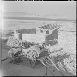 Centre de regroupement de M'Cid. Une maison en construction avec un homme travaillant à sa maison.