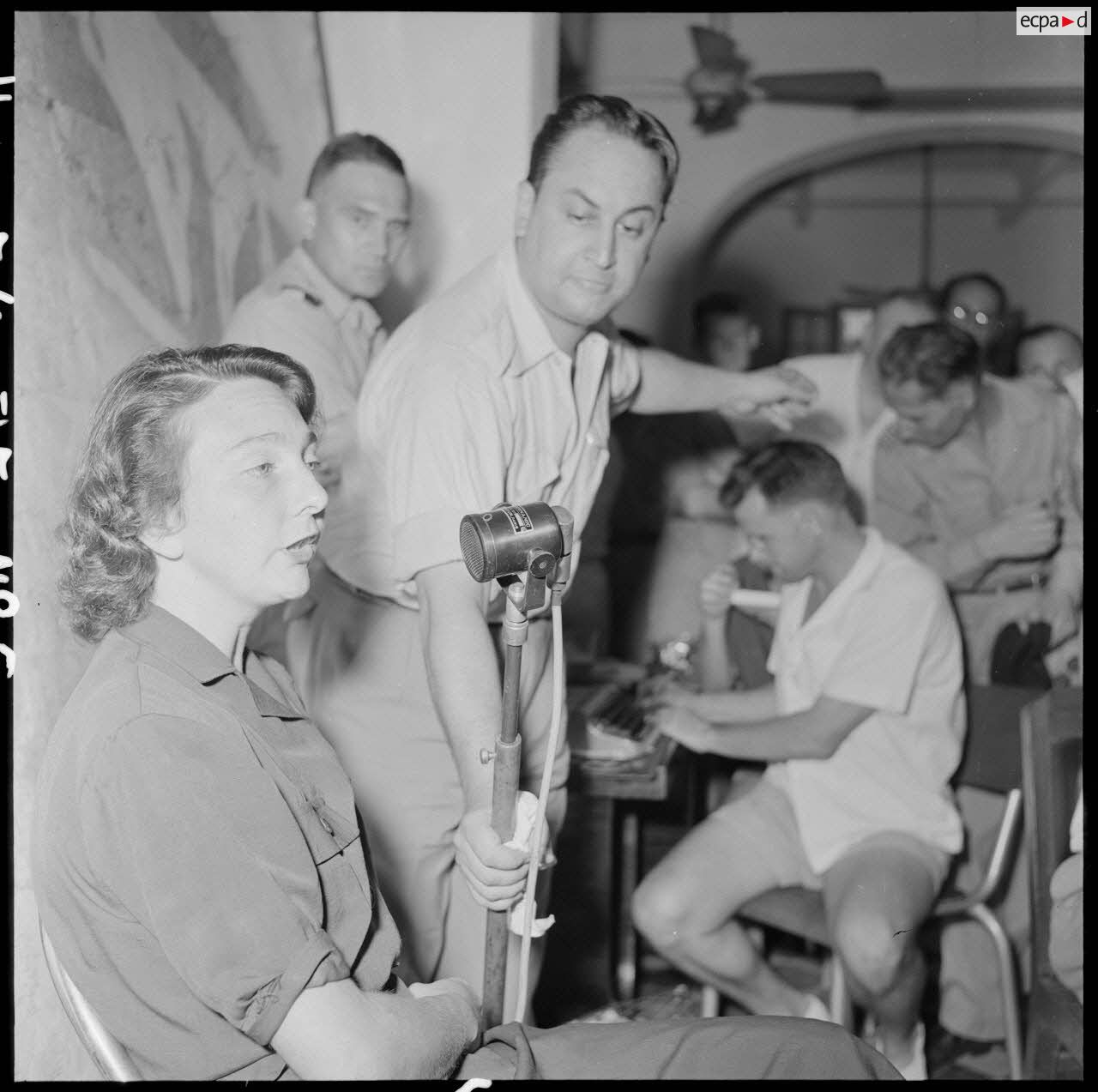 Geneviève de Galard gives a press conference at the Hanoi press camp.