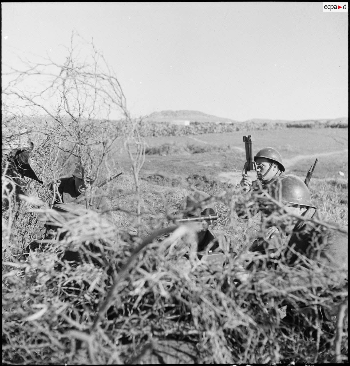 Des servants d'un canon antichar américain de 37 mm sont camouflés dans la végétation pendant que le chef de pièce observe l'objectif avec des jumelles périscopiques.