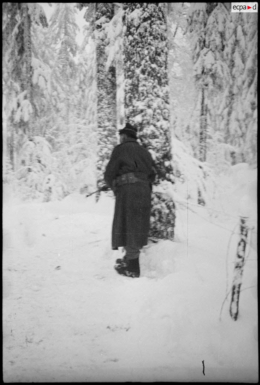 Guet d'un soldat du 1er RFM (régiment de fusiliers marins) lors d'une patrouille de reconnaissance dans la forêt enneigée de Grattery dans les environs de Champagney (Haute-Saône).