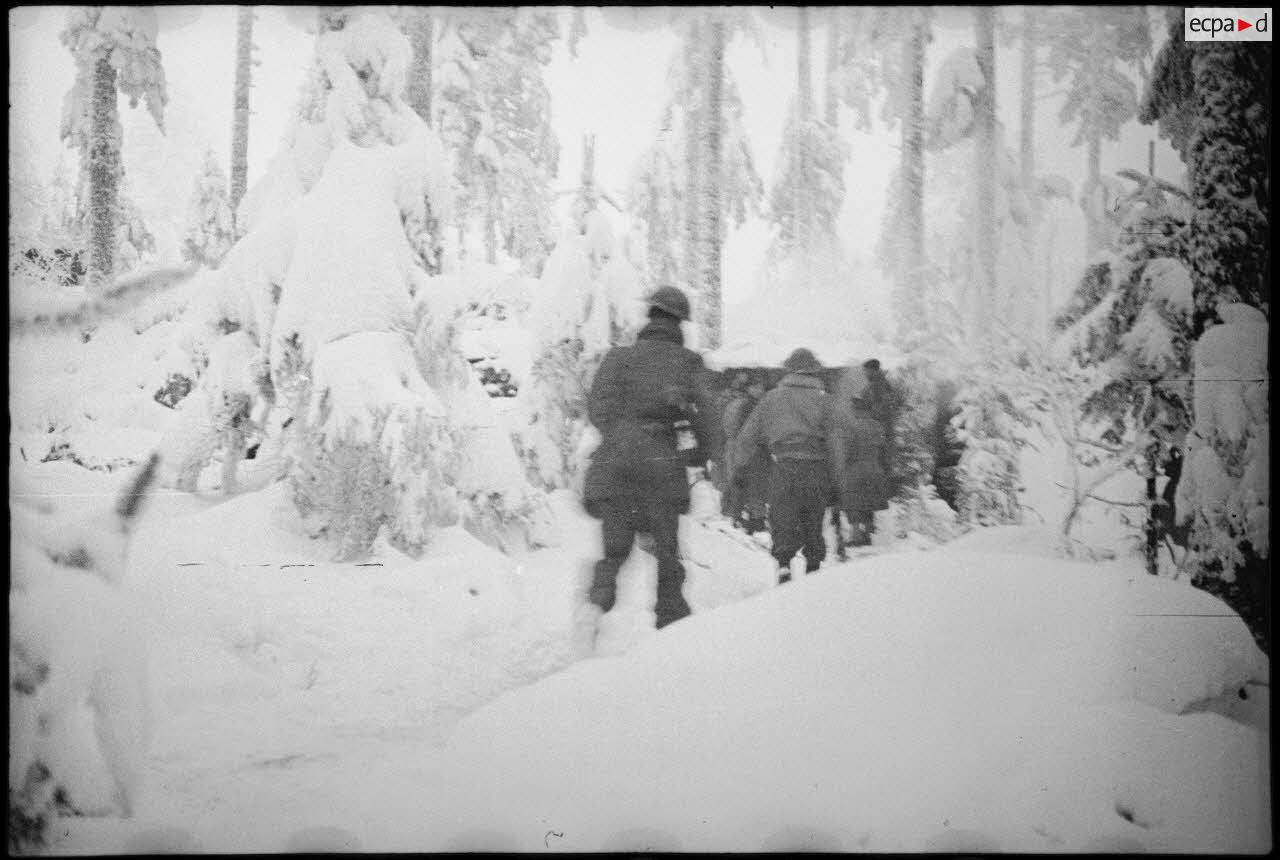 Patrouille de reconnaissance par les hommes du 1er RFM (régiment de fusiliers marins), dans la forêt enneigée de Grattery, dans les environs de Champagney (Haute-Saône).