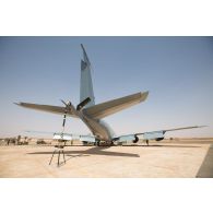 Préparation de la perche de ravitaillement d'un avion Boeing C-135FR Stratotanker sur la base aérienne de Niamey, au Niger.