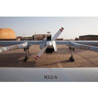 Vue arrière d'un système intérimaire de drone MALE (SIDM) et d'un drone General Atomics MQ-9 Reaper de l'escadron de drones 1/33 Belfort sur la base aérienne de Niamey, au Niger.