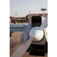 Vue arrière d'un système intérimaire de drone MALE (SIDM) et d'un drone General Atomics MQ-9 Reaper de l'escadron de drones 1/33 Belfort sur la base aérienne de Niamey, au Niger.