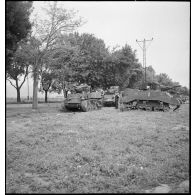 Des chars légers Stuart M5 A1, perçus par le 5e RCA (régiment de chasseurs d'Afrique) de la 1re DB (division blindée), sont parqués dans un champ en bordure d'une route à proximité de Blida.