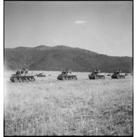 Chars légers Stuart M5A1 du 3e RSAR (régiment de spahis algériens de reconnaissance) de la 3e DIA (division d'infanterie algérienne) défilant  lors d'une manoeuvre du régiment, dans le cadre d'un entraînement du CEF (corps expéditionnaire français) avant son engagement sur le front italien.