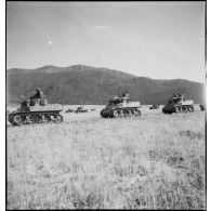 Chars légers Stuart M5A1 du 3e RSAR (régiment de spahis algériens de reconnaissance) de la 3e DIA (division d'infanterie algérienne) défilant  lors d'une manoeuvre du régiment, dans le cadre d'un entraînement du CEF (corps expéditionnaire français) avant son engagement sur le front italien.