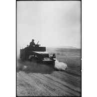 Progression d'un scout-car M3A1 pendant une manoeuvre d'unités du CEF (corps expéditionnaire français) avant l'engagement sur le front italien.