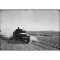 Progression d'un scout-car M3A1 pendant une manoeuvre d'unités du CEF (corps expéditionnaire français) avant l'engagement sur le front italien.