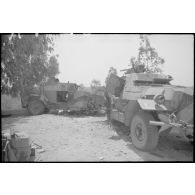 La carcasse d'un scout car Marmon-Herrington MK II, équipé d'un canon antichar de 47 mm et d'un Humber LRC armé d'un fusil-mitrailleur Bren, issus du 5th Reconnaissance regiment britannique (Reconnaissance corps).