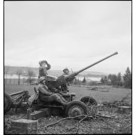 Surveillance antiaérienne par des artilleurs du 1er corps d'armée à l'aide d'un canon Bofors de 40mm dans le secteur de Delle.