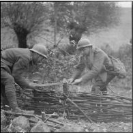 Dans un bois des sapeurs du génie de la 3e armée travaillent à la construction d'une voie carrossable.