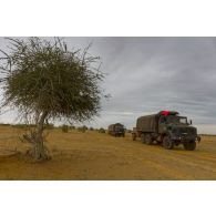 Des camions GBC-180 et CBH-385 progressent en convoi sur la route de l'aéroport de Goundam, au Mali.