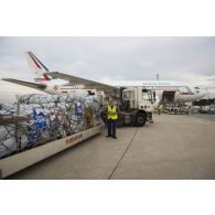 Chargement de fret à bord d'un avion de ligne Airbus A310-300 sur l'aéroport de Roissy-Charles-de-Gaulle.