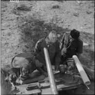 Briefing pour un lieutenant et un sergent sur le capot d'une automitrailleuse lors d'un exercice dans la région de Tebessa.