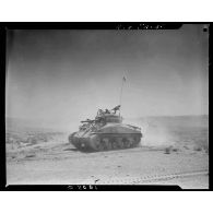 Patrouille d'un char Sherman M4M3 dans la région de Tebessa.