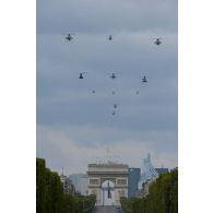 Défilé aérien des hélicoptères de l'ALAT, de l'armée de l'Air, de la marine et de la gendarmerie, lors de la cérémonie du 14 juillet 2011.