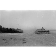 Un Panzer III de commandement (Befehlpanzer III) se rapproche d'un char britannique Matilda en feu.