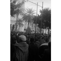 A Tunis, entouré par des enfants, un défilé de troupes aéroportées allemandes dans les rues.