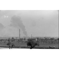 Des Tunisiens inspectent les débris d'un crash aérien, certainement un quadrimoteur américain du type B-17 ou B-24.