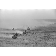 Colonne de side-cars BMW-R-12 et Zündapp-800-W dans le désert. Les véhicules appartiennent au Pz.Aufkl.Abt-3.