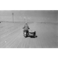 Un side-car BMW R75 roule dans le désert, le long de la piste baptisée du télégraphe.