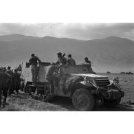 Colonne de véhicules américains capturés et utilisés par la 10e division blindée allemande, half-tracks (APC M2), jeep.<br>