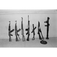 Un lot de 7 armes détaillé : un fusil d'assaut kalashnikov AK-47, un fusil d'assaut Kalashnikov AKS 59-66, un fusil semi-automatique chinois SKS de 7,62 mm, un fusil d'assaut allemand Fal de 7,62 mm construit sous licence Belge, un pistolet-mitrailleur allemand Sterling de 9 mm, une mitraillette Thomson de calibre 11,43 mm, un lance-roquette soviétique RPG7.