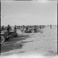 Hassi R'Mel. Opération Violet. Les soldats à côté des jeeps avec les canons installés.