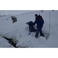 Un maître-chien du PGHM (peloton de gendarmerie de haute montagne) extrait un victime ensevelie sous la neige, lors d'un exercice de recherche après avalanche à Pierrefitte-Nestalas (Hautes-Pyrénées).