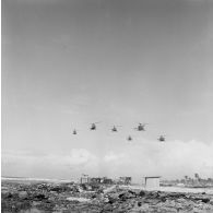 Vol en formation de six hélicoptères Alouette II, probablement du groupe aérien mixte 82 (GAM 82), en basse altitude au-dessus du rivage à Moruroa.