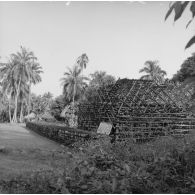 Clôture en bois autour d'un marae, plateforme souvent construite en pierres volcaniques où se déroulaient les anciens cultes polynésiens, à Tahiti.