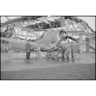 Chargement d'une bombe sur un bombardier en piqué Douglas SBD-5 Dauntless de l'aéronautique navale sur la base de Cognac.