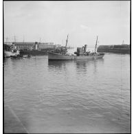 Vue trois quarts bâbord du patrouilleur La Lorientaise, ancien chalutier anglais, probablement dans le port de Cherbourg.