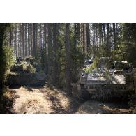 Un char Challenger 2 et un blindé de reconnaissance Bulldog FV-432 britanniques se tiennent en embuscade en forêt à Tapa, en Estonie.