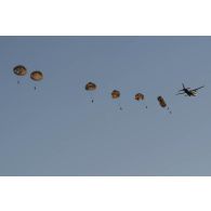 Des parachutistes français et nigériens sautent depuis un avion Super-Hercules C-130 dans la région de Tiloa, au Niger.