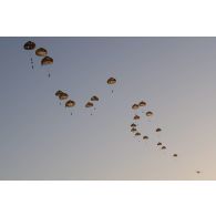 Des parachutistes français et nigériens sautent depuis un avion Super-Hercules C-130 dans la région de Tiloa, au Niger.