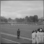 Spectacle des élèves des écoles chrétiennes et des formations scoutes lors d'une grande réunion des élèves catholiques au stade Mangin.