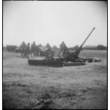 Pièce d'artillerie anti-aérienne 40mm Bofors avec tous ses servants en alerte près du lac de Bizerte.