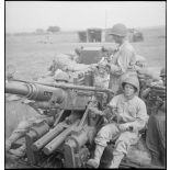 Servants d'une pièce d'artillerie anti-aérienne 40mm Bofors à leur poste près de Bizerte.