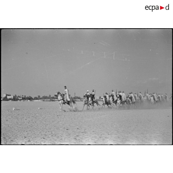 Défilé d'une unité de cavaliers spahis au galop.