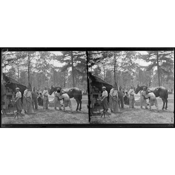Près Bouy (Marne). Camp de l'Ermitage. Echelon d'artillerie, scènes diverses de cantonnement (18-6-17). [légende d'origine]