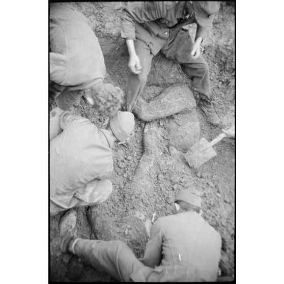 Exhumation de corps de résistants du maquis de Magny Danigon par des prisonniers allemands.