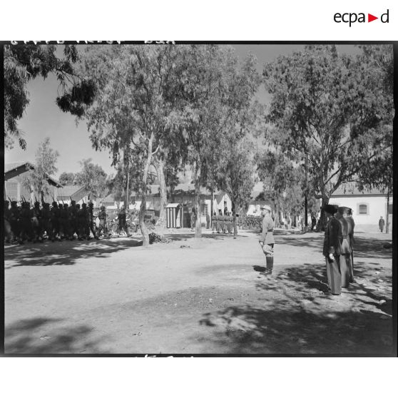 Des autorités militaires assistent au défilé de différentes unités de l'armée de terre.