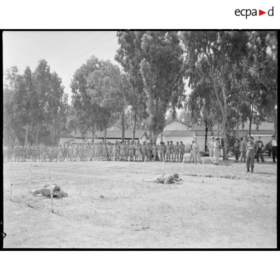 Des soldats rampent sous des barbelés bas, sous le regard d'autorités militaires.