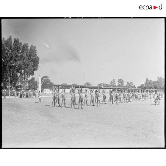 Vue d'ensemble de soldats qui s'entrainent avec des troncs d'arbre, sous le regard d'autorités civiles et militaires.
