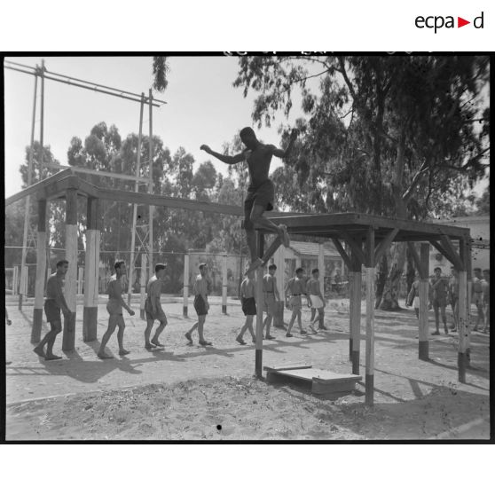 Scène d'entrainement au centre d'éducation physique militaire de Maison Carrée (parcours d'obstacles).