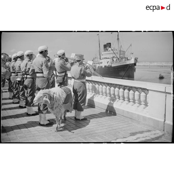 La musique militaire d'une unité de l'armée d'Afrique, accompagnée de sa mascotte, accueille l'arrivée au port d'Alger du bateau de jeunes gens originaires de Saint-Etienne.